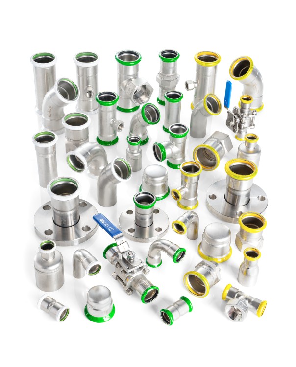 Stainless steel press fittings & valves - MeritPress™ piping infrastructure Merit Brass stainless steel press fittings & valves in EPDM, FKM, and HNRB